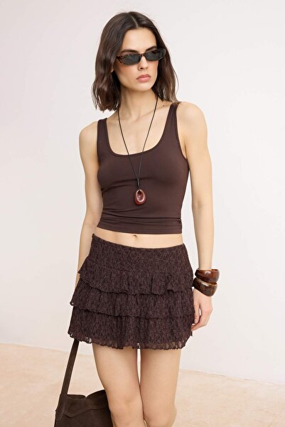 Συλλογή Trendyol Καφέ Super Mini Πλεκτό Σορτς με Φούστα Δαντέλας για Πάρτυ TP...