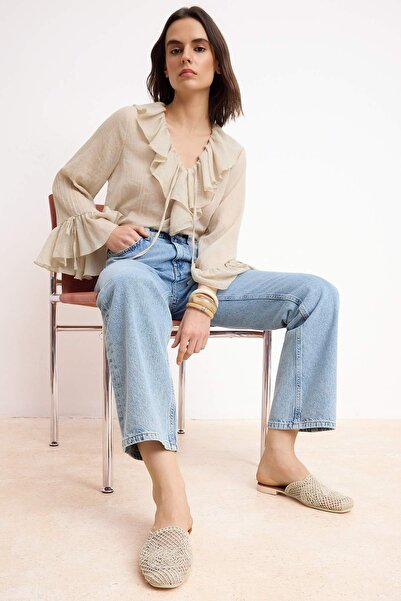 TRENDYOL SHOES Béžové pletené detailní dámské pantofle TAKSS24TE00000