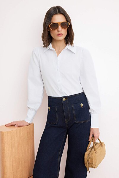 Trendyol Collection قميص منسوج عادي من القطن بأكمام بالون أبيض TWOSS20GO0065