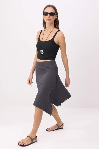 Trendyol Collection Anthracite Plain A-Line High Waist Midi Premium Soft Knit...