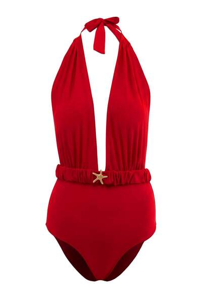 Trendyol Collection Red Leather N V-Neck Covered Regular Swimsuit with Cast A...