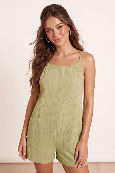 Trendyol Collection Mint Muslin Mini Regular 100% Cotton Beach Jumpsuit Tbess...