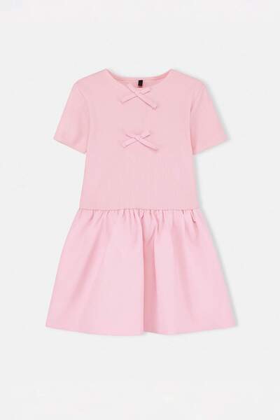 TRENDYOLKIDS Pink Girl's Short / Mini Bow Detailed Plain Knitted Dress Tkdss2...