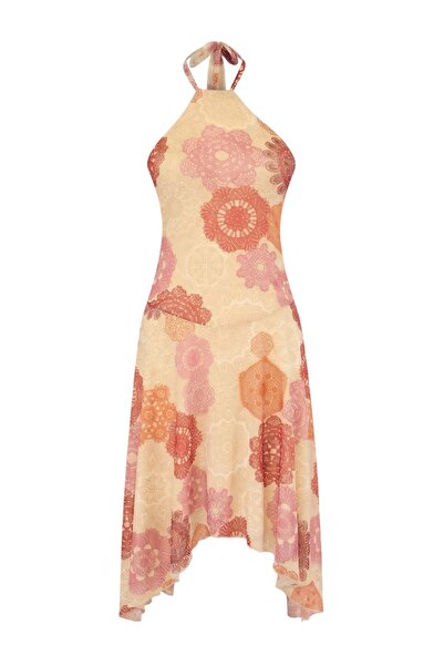 Trendyol Kollektion Limited Edition Ecru Schalmuster Skater Neckholder ärmell...