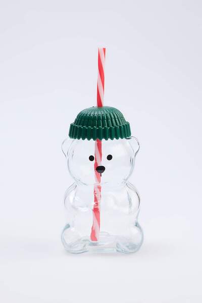 TRENDYOLMİLLA HOME كوب زجاجي على شكل دب بالقبعة الخضراء مع شفاطة - 500 مل TPH...