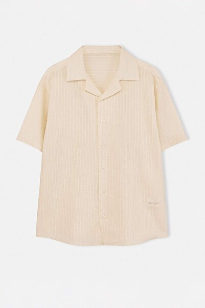 Trendyol Collection Екру мъжка риза с къс ръкав, с текстурирана материя и сво...