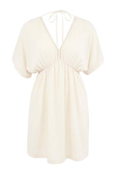 Trendyol Collection Εκρού Υφαντό Με ντεκολτέ στην πλάτη Μίνι Φόρεμα Παραλίας ...