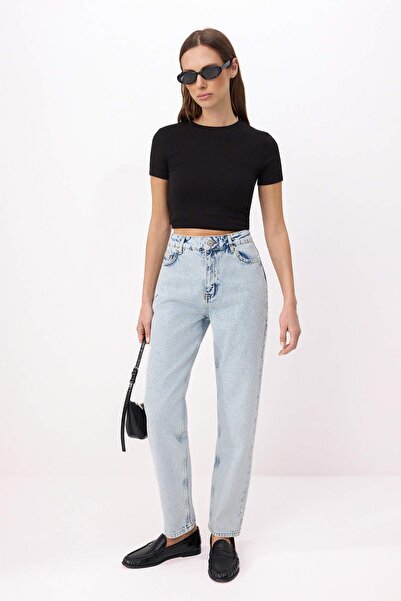 Trendyol Collection Blugi albastru deschis talie înaltă Mom bumbac 100% non-s...