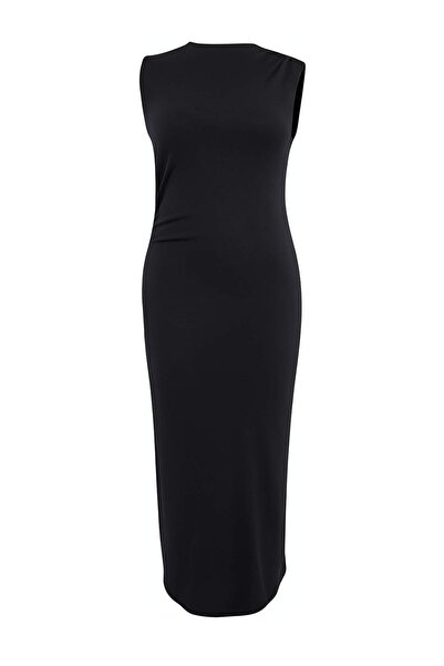 Trendyol Curve Rochie neagră tricotaj cu striații pe umăr detaliu încrețit di...