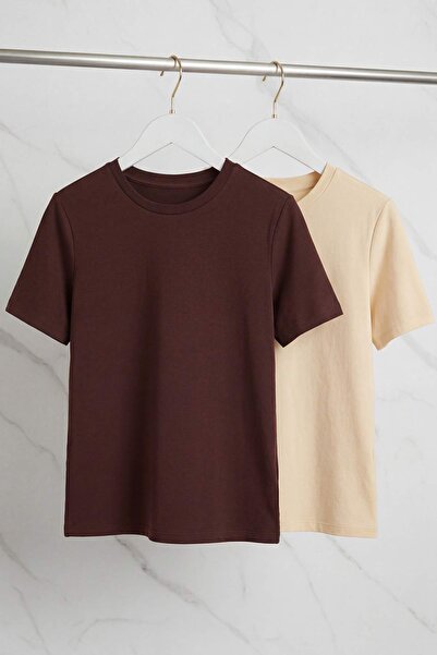 Trendyol Curve Brown-Beige 2-Pack Lycra Combed Cotton Single Jersey Knitted P...