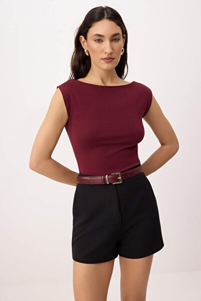 Trendyol Collection Burgundy Plain Fitted Boat Neck Sleeveless Premium Soft K...