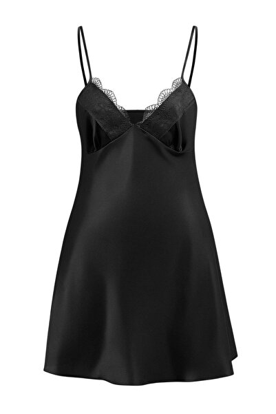 Trendyol Curve Black Satin Woven Plus Size Nightgown Tbbss26Ch00003