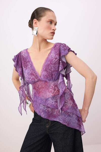 Συλλογή Trendyol Ροζ-Πολύχρωμη Δαντελένια Διακοσμητική Μπλούζα Πάρτι από Τούλ...