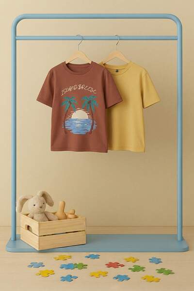 TRENDYOLKIDS Πλεκτό μπλουζάκι για αγόρια με στάμπα σε κίτρινο-τούβλι χρώμα TK...