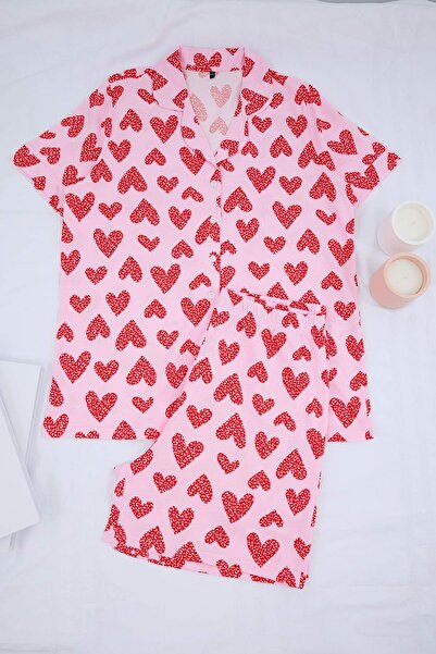 Trendyol Curve Pink Heart Shirt Collar Knitted Large Size Pajama Set Tbbss26A...
