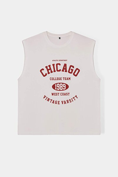 Trendyol Collection إكرو قصة فضفاضة / قميص بدون أكمام بقصة واسعة وطباعة شيكاغ...