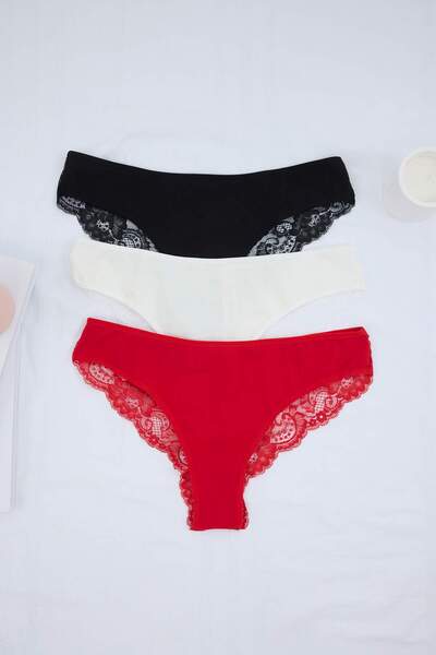 Trendyol Curve Schwarz-Rot-Hautfarbenes 3er-Pack Tanga-Strickhöschen aus Baum...