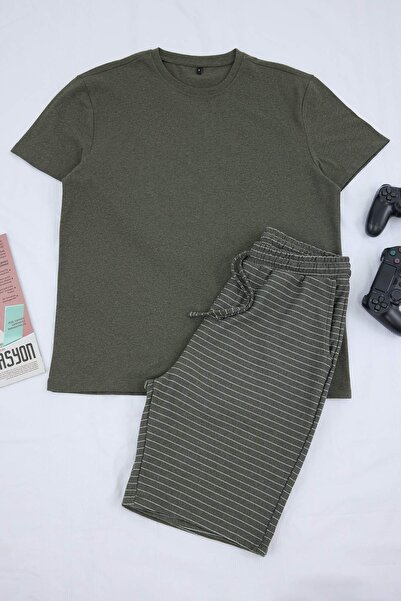 Συλλογή Trendyol Χακί Κανονική/Κανονική Εφαρμογή Πλεκτό Σετ Πιτζάμες Ριγέ τεμ...