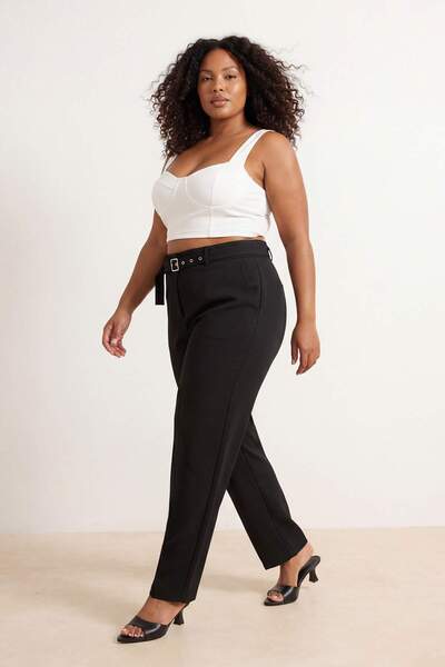 Trendyol Curve Black Belt Li Cigarette Woven Large Size Fabric Pants Tbbss26A...