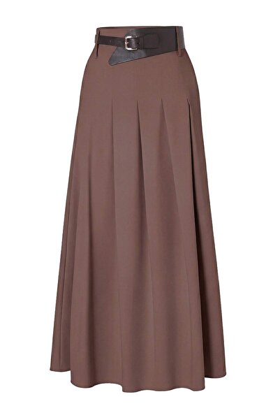 Trendyol Modest Brauner Maxi-Langrock mit Volants und Gürtel TCTSS26EE00027