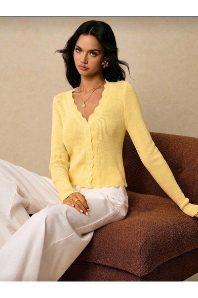 SolQ Women's V-Neck Corded Fabric Knitwear Cardigan with Buttons on the Front and Wave Edge Detail