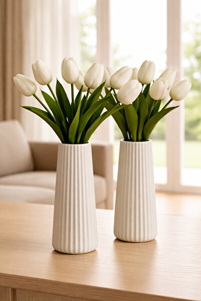millonu Σετ 3-τεμαχίων Κομψό Λευκό Κεραμικό Βάζο Λουλουδιών Ριγέ 13εκ. για Μο...