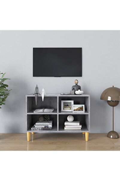 Concept Comodă TV, picioare lemn masiv, gri beton, 69,5x30x50 cm