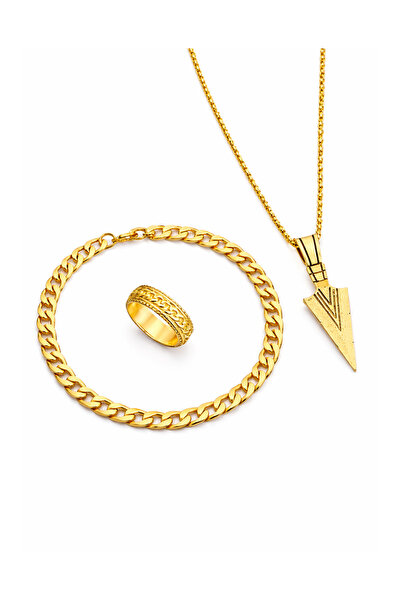 OutfitModa Set Bijuterii Bărbați Auriu – Colier cu Pandantiv, Brățară și Inel...