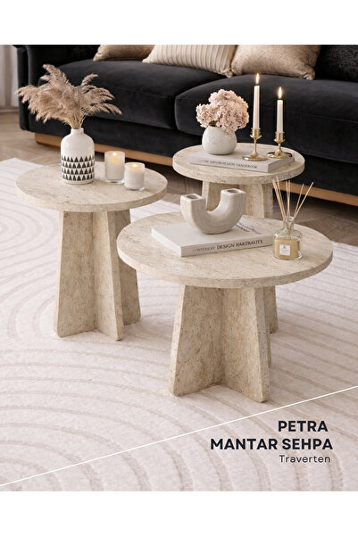 Sarenzo Petra 3 Lü Zigon Sehpa İskandinav Stili - Traverten Görünüm