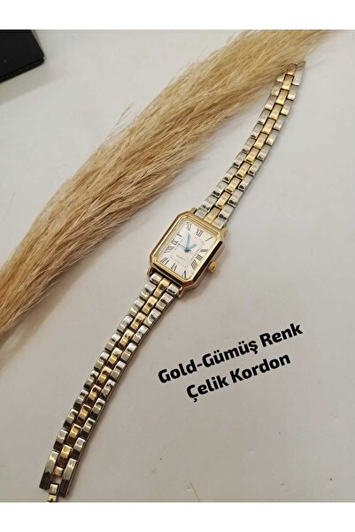 QUARTZ Özel Seri Vintage Dikdörtgen Tasarım - GOLD_GÜMÜŞ Çelik Kordon- GOLD Kasa