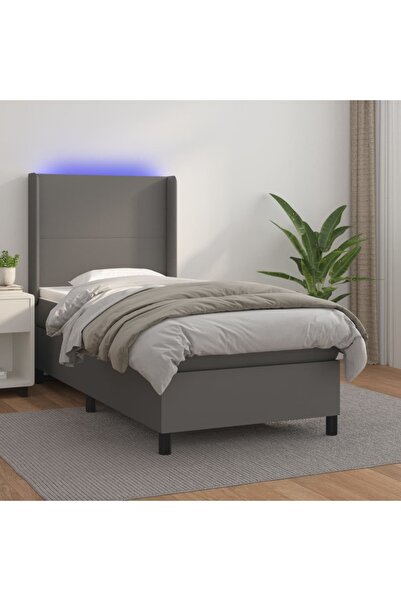 Concept Pat cu arcuri, saltea și LED, gri, 90x200 cm, piele ecologică