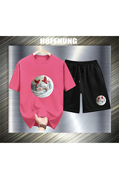 HOFFNUNG Unisex Casual Short Sleeve Set with 2Red Birds Print Outdoor Spring/...