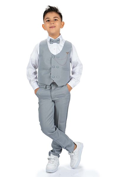 ŞEYMA BUTİK Boy's Vest Piece Tuxedo Suit with Pants, Shirt, Bow Tie and Chain...