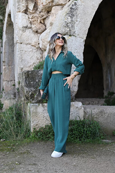 bytugcekaya Zümrüt Yeşili Crop Gömlekli Takım