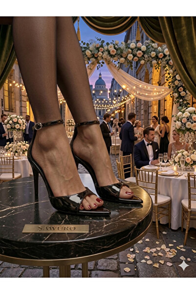 ŞAWURO حذاء نسائي للسهرات، جلد أسود لامع، كعب غير قابل للكسر، ارتفاع الكعب 11 سم