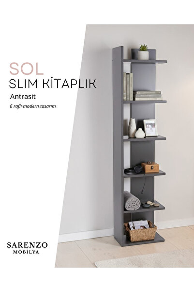 Sarenzo Slim Köşe Kitaplık (Antrasit) Şık Modern Kitaplık (Sol Köşe)
