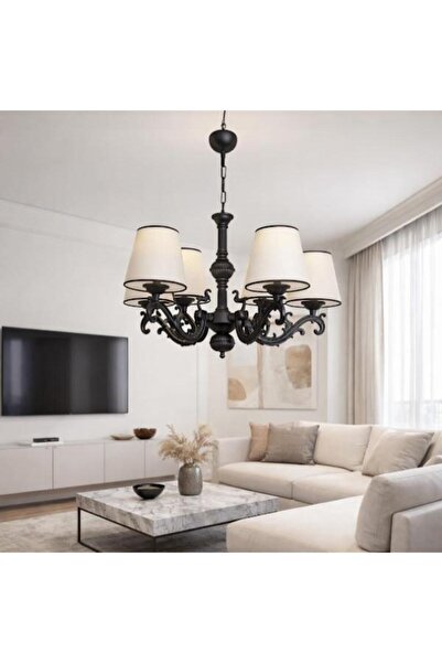 DEDE BEŞ KOLLU ZAMAK METAL AVİZE SİYAH STATİK BOYALI SİYAH BANTLI KREM RENGİ ...