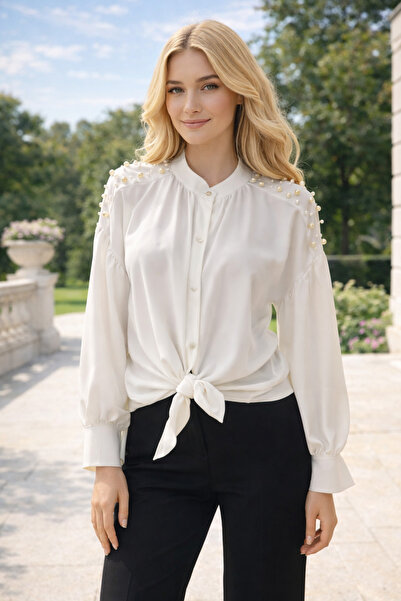 Divin store Дамска бяла блуза с перли