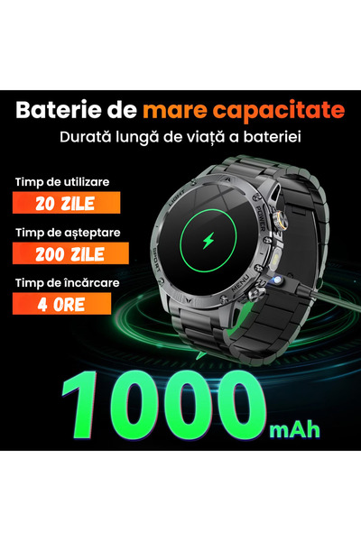 gitech Smartwatch metalic cu apeluri Bluetooth, lanternă, notificări, SMS, limba română, curea cadou