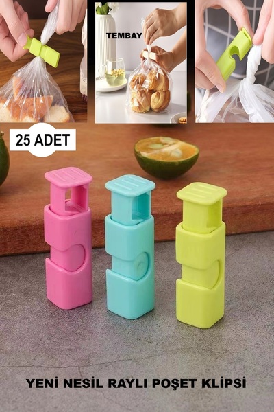 TEMBAY 25 Adet Poşet Klipsi, Kaliteli Poşet Mandalı, Poşet Düzenleyici, Poşet...