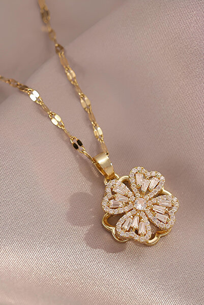 MAVEGA Dönen Çelik Yonca Kolye | 316L Çelik | Zirkon Taş | 45 Cm | Kutulu