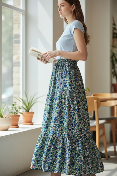 ENDAMIM Γυναικεία φούστα με φλοράλ σχέδια, ελαστική μέση, υφαντό βισκόζη, καλ...