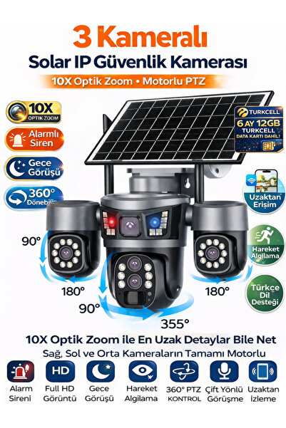 SONREİR RX99 3 Kameralı 3 Motor PTZ 4G Sim Kartlı Solar Güvenlik Kamerası Dış...