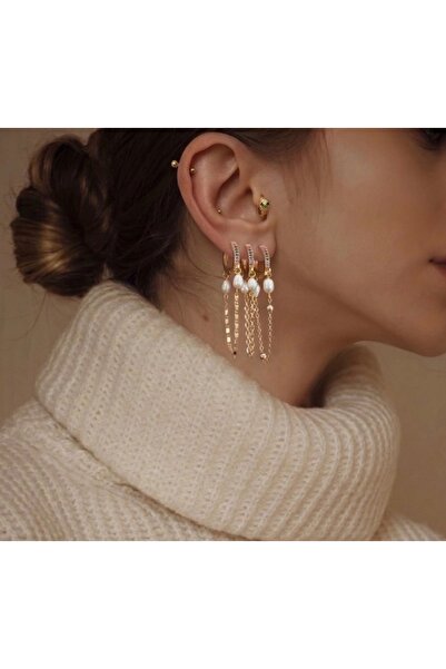 Markiz Takı أقراط ثلاثية اللؤلؤ بتفاصيل متدلية مرصعة بالأحجار الملونة