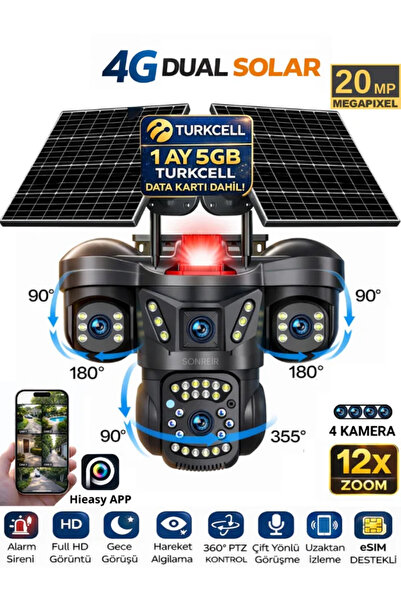 SONREİR AUREX ONE 4 Kameralı 4G Sim Kartlı Solar Güvenlik Kamerası 2 Güneş Pa...
