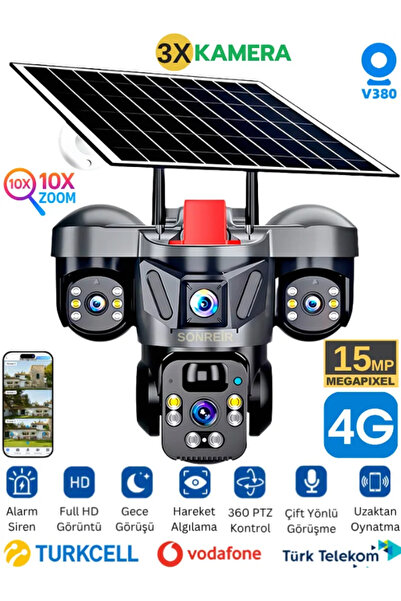 SONREİR SNR-01 3 Lens Solar Güvenlik Kamerası 4G Sim Kartlı PTZ Hareketli Gec...