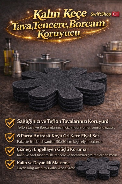 Swift Shop KALIN Koyu Gri KEÇE Kalın Tencere Tava & Borcam Koruyucu Çizdirmez...