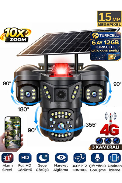 SONREİR RX66G 3 Kameralı 4G Sim Kartlı Solar Güvenlik Kamerası Dış Mekan Gece...