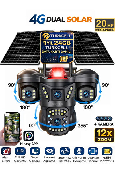 SONREİR AUREX ONE 4 Kameralı 4G Sim Kartlı Solar Güvenlik Kamerası 2 Güneş Pa...