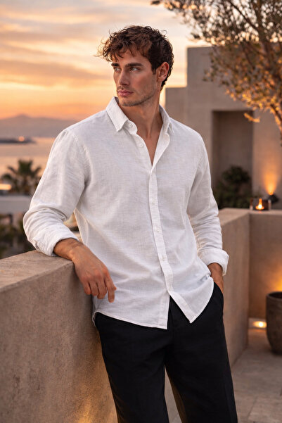 Valiberta Cămașă pentru bărbați cu mânecă lungă, cu aspect de in, Pera Fabric...